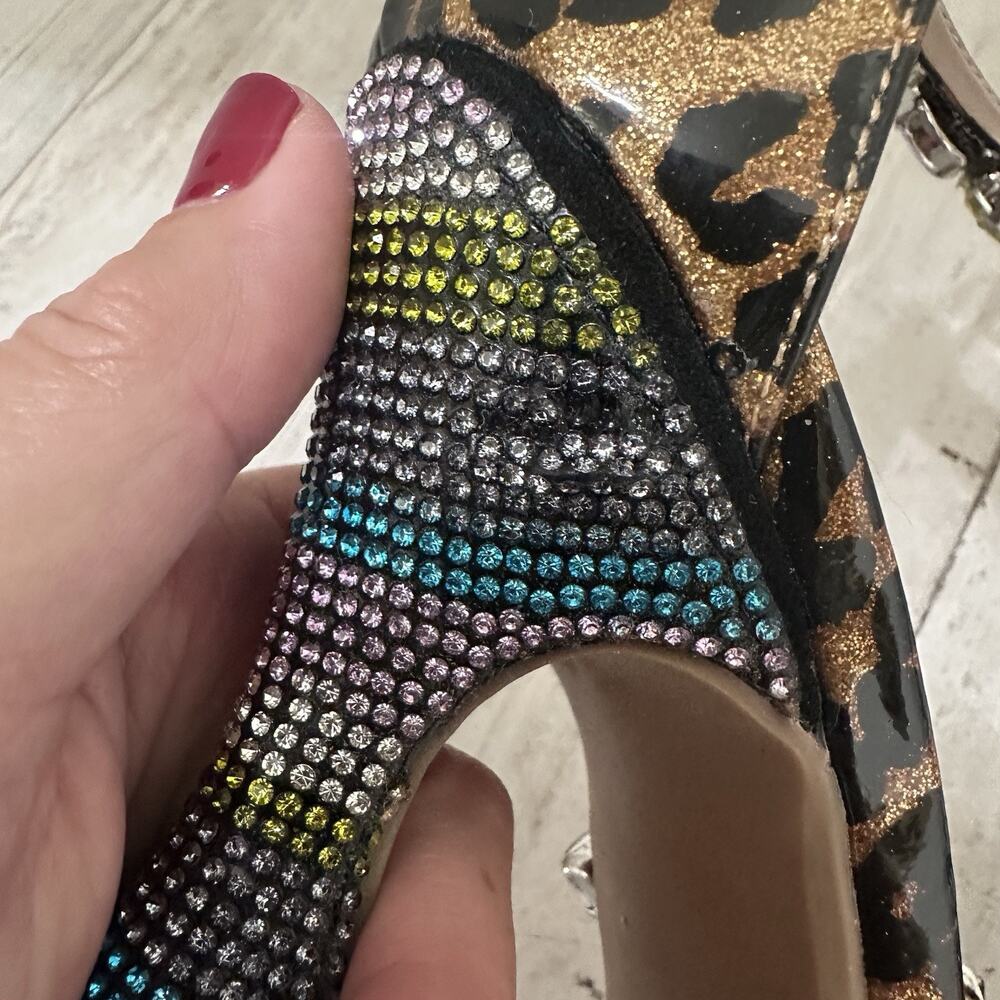 Betsey Johnson Lillie Heels 6.5M Leopard Rhinestone Block Heel Statement Sandals - Picture 6 of 11